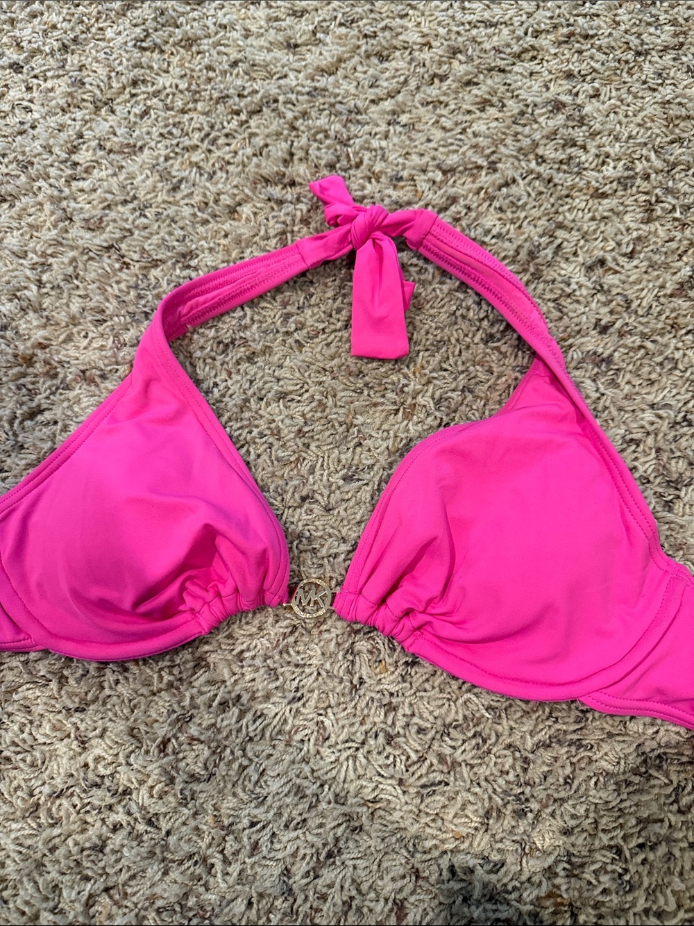 Michael Kors Bright Pink Halter Bikini Top with Gold MK Accent - Picture 1 of 4